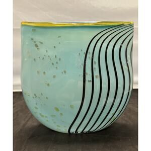 Signed Dustin Wagner Studio Blown Art Glass Psycho Zebra Vase Aqua Teal Black 8”